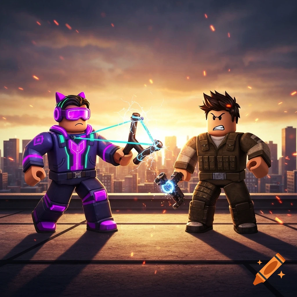 Two Roblox-style rivals, one with a glowing slingshot and the other with an energy weapon, face off on a rooftop at sunset.