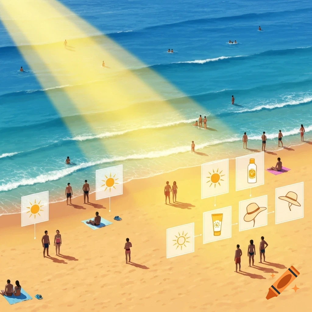 Overhead illustration of a sunny beach with people, showing diagrams of sun impact, sunscreen, and hats for protection.