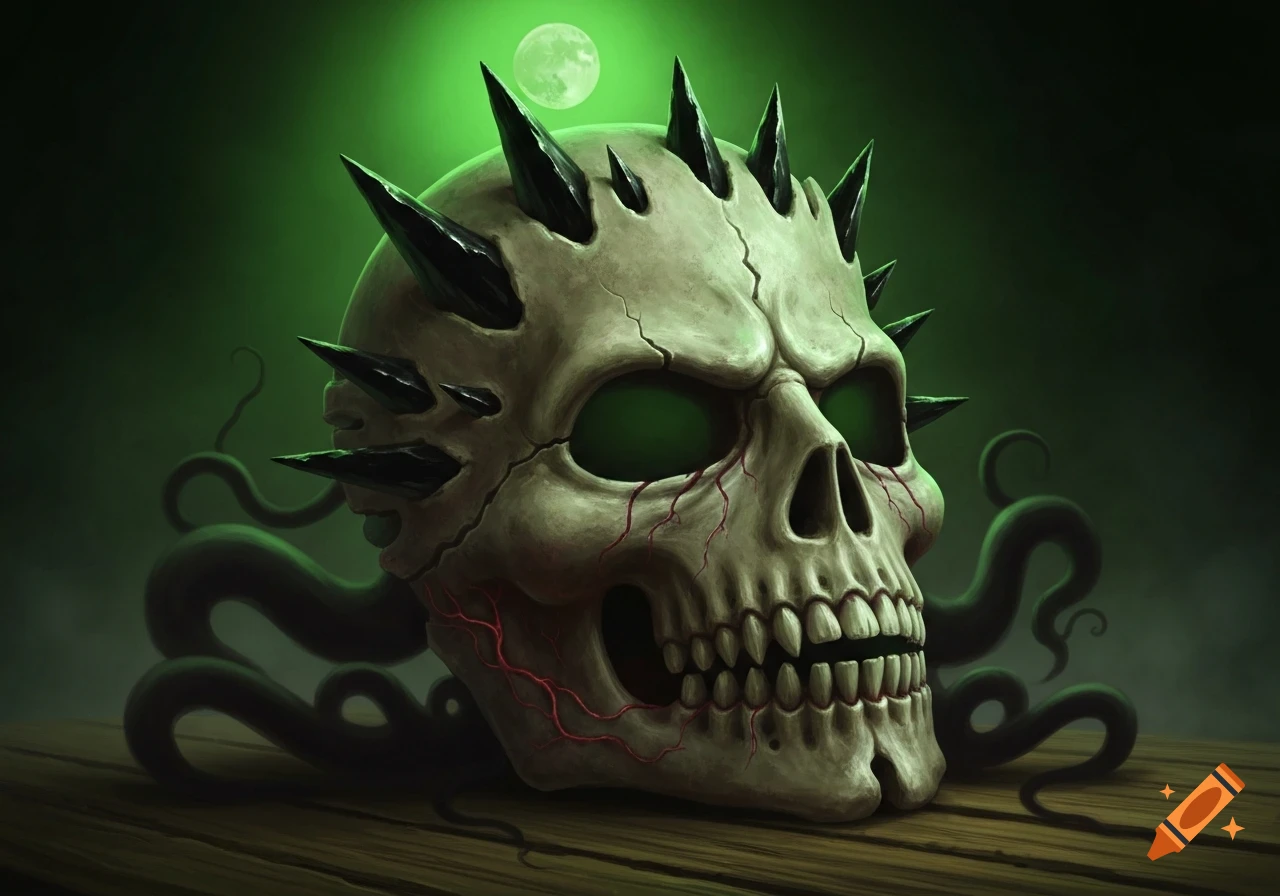 A stylized, spiky skull with green glowing eyes and dark tentacles, set against a green misty background with a full moon.
