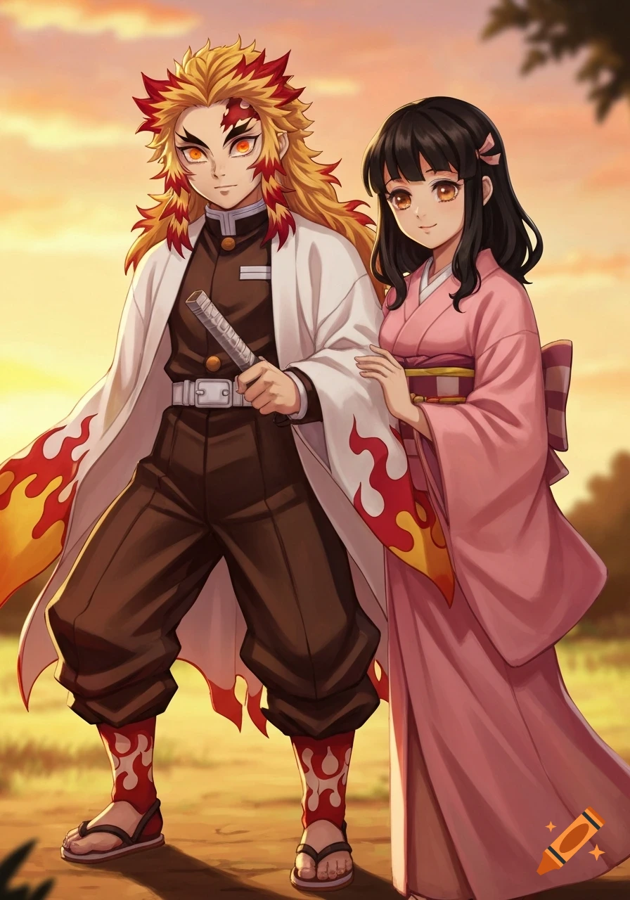 Anime drawing of Kyojuro Rengoku and a dark-haired woman in a pink kimono standing outdoors at sunset.