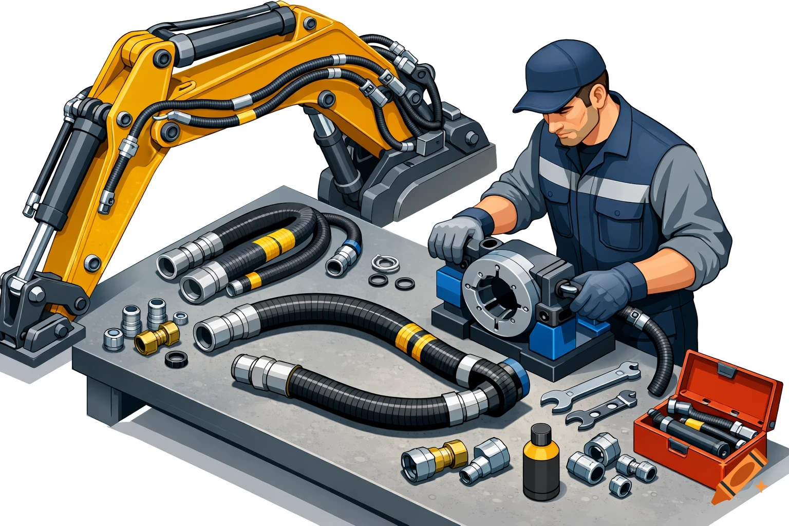 Isometric illustration of a mechanic repairing hydraulic hoses on a workbench, with an excavator arm in the background.