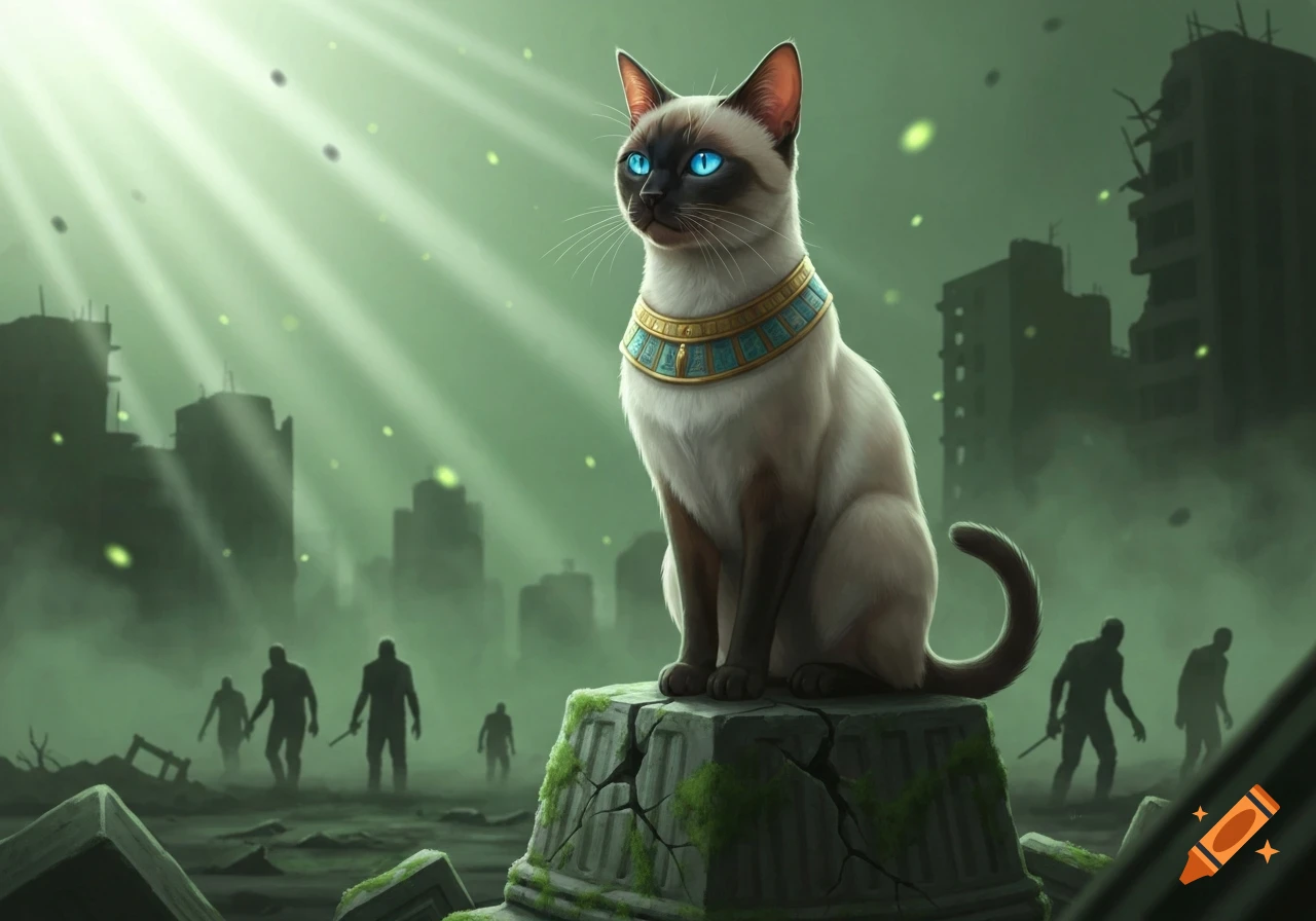 A majestic Siamese cat with glowing blue eyes and an Egyptian collar sits on a mossy ruin, overlooking a desolate, green-tinged apocalyptic city.