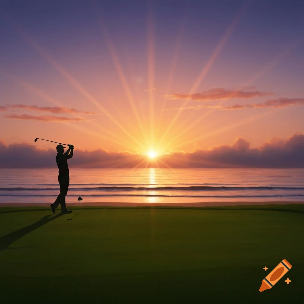 A silhouette of a golfer swinging a club on a green course next to the ocean during a vibrant sunset.