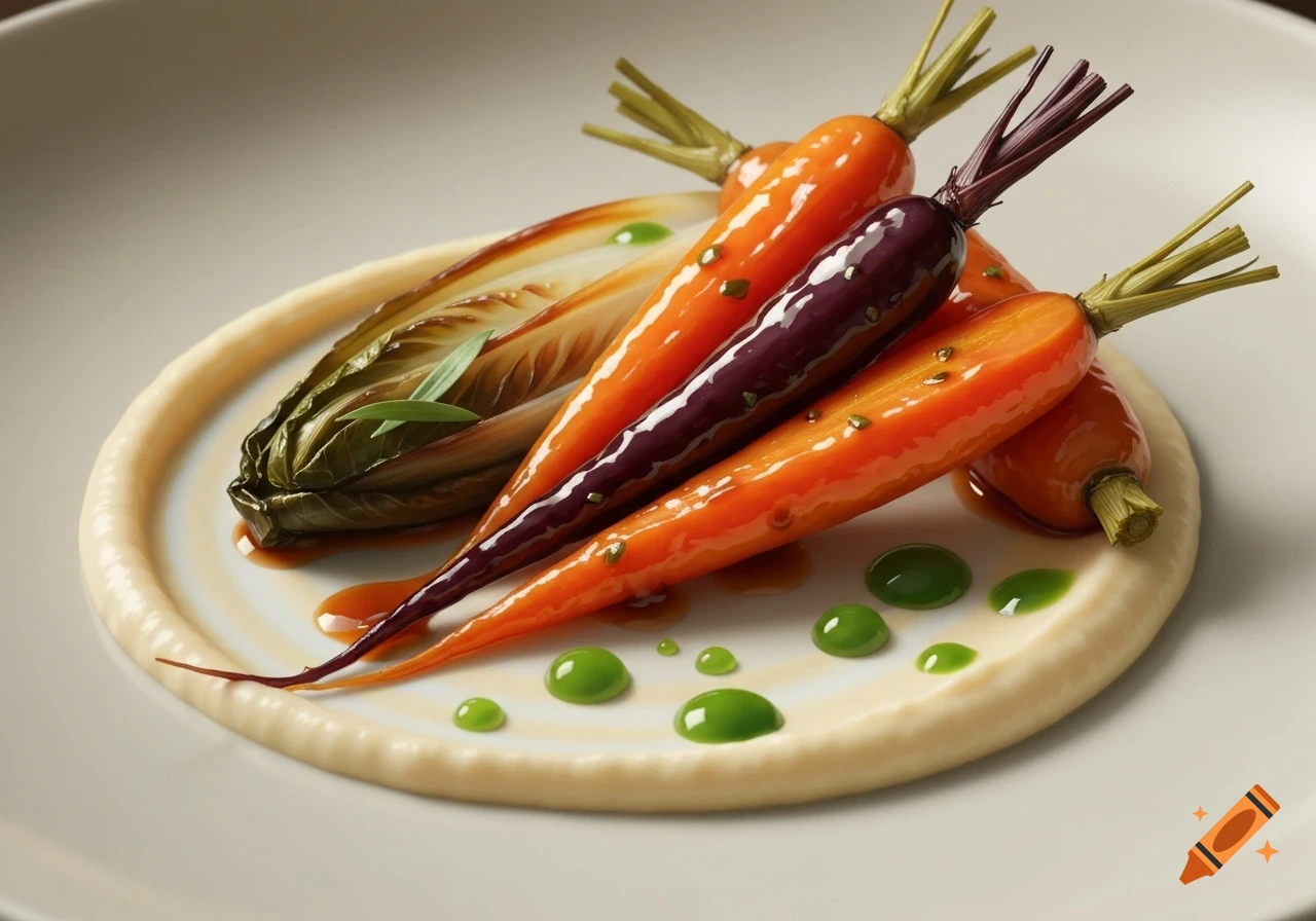 Photorealistic gourmet dish of braised orange and purple carrots, chicory, parsnip purée, and tarragon gastrique on a white plate.