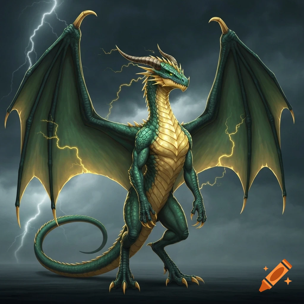 A majestic green and gold dragon, a storm-wyvern, stands with wings spread against a dark, stormy sky with lightning bolts.