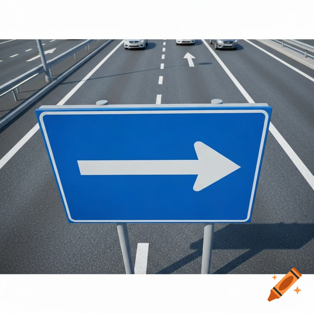 A blue road sign with a white arrow pointing right, on a highway with cars in a photorealistic style.