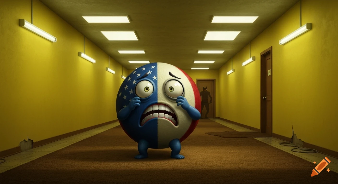 A scared, cartoon US flag sphere with arms and legs stands in a dimly lit yellow hallway as a shadowy monster approaches from a distant doorway.
