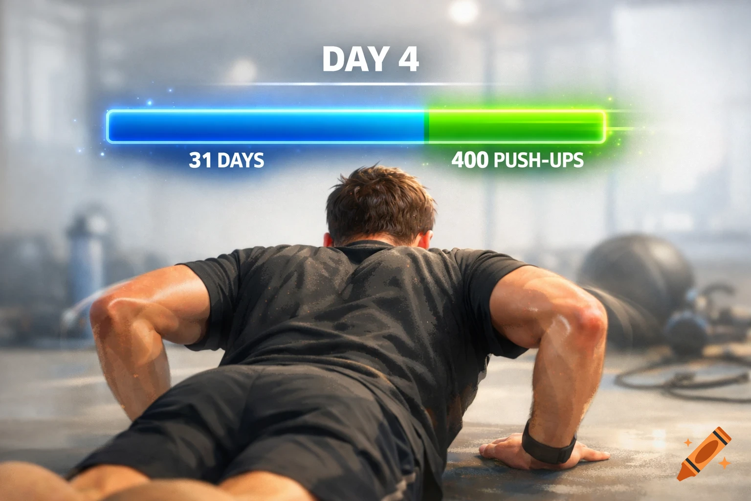 A man doing push-ups from a low angle, showing his back and arms. Above him, a progress bar with text 'DAY 4', '31 DAYS' on the blue section, and '400 PUSH-UPS' on the green completed section.