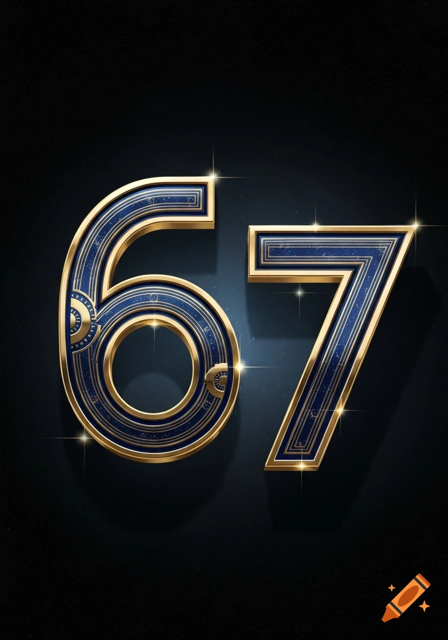Decorative gold and blue numbers 67 with intricate patterns and sparkle on a dark background.