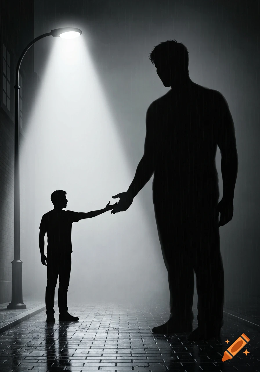A smaller man reaches out to a towering shadowy figure under a streetlamp in the rain, silhouetted against a foggy street.