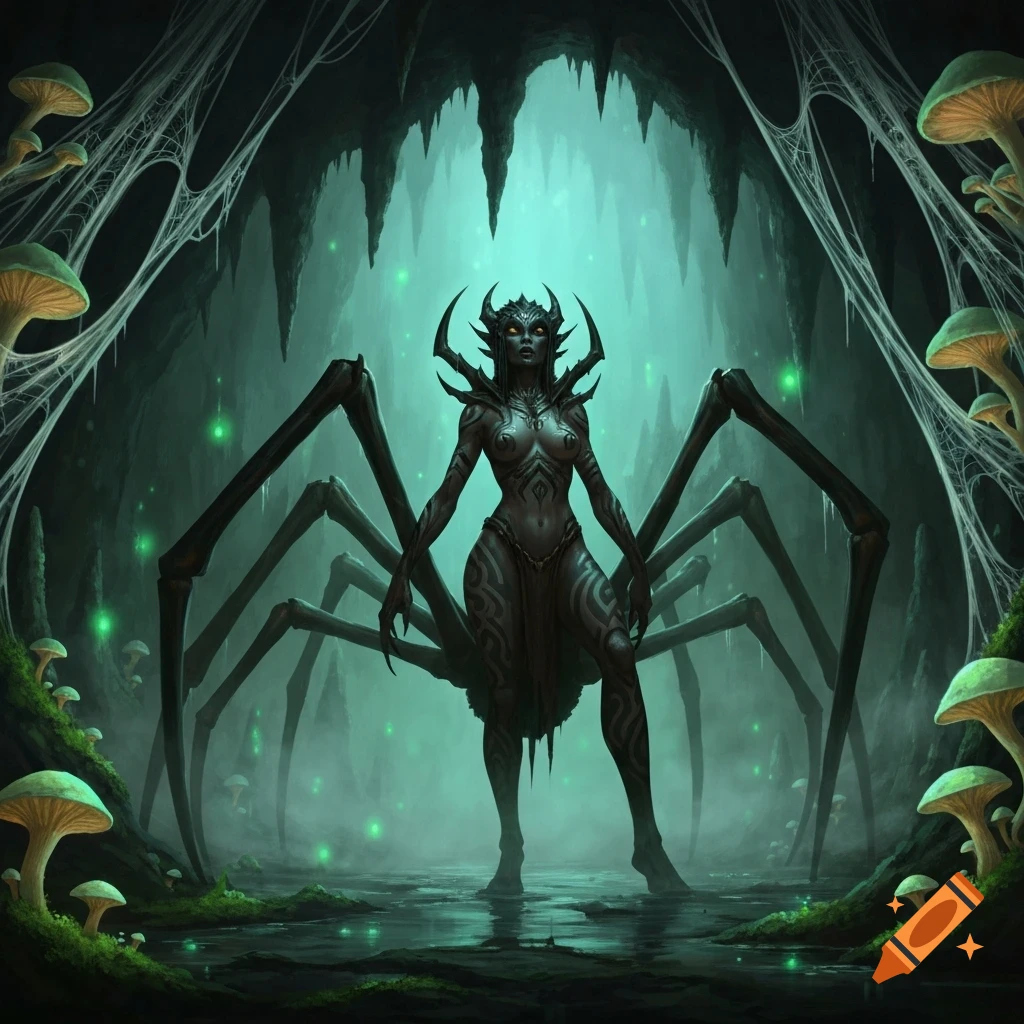 A drider, a half-woman half-spider creature, stands in a dark fantasy cave filled with glowing lights, mushrooms, and cobwebs.