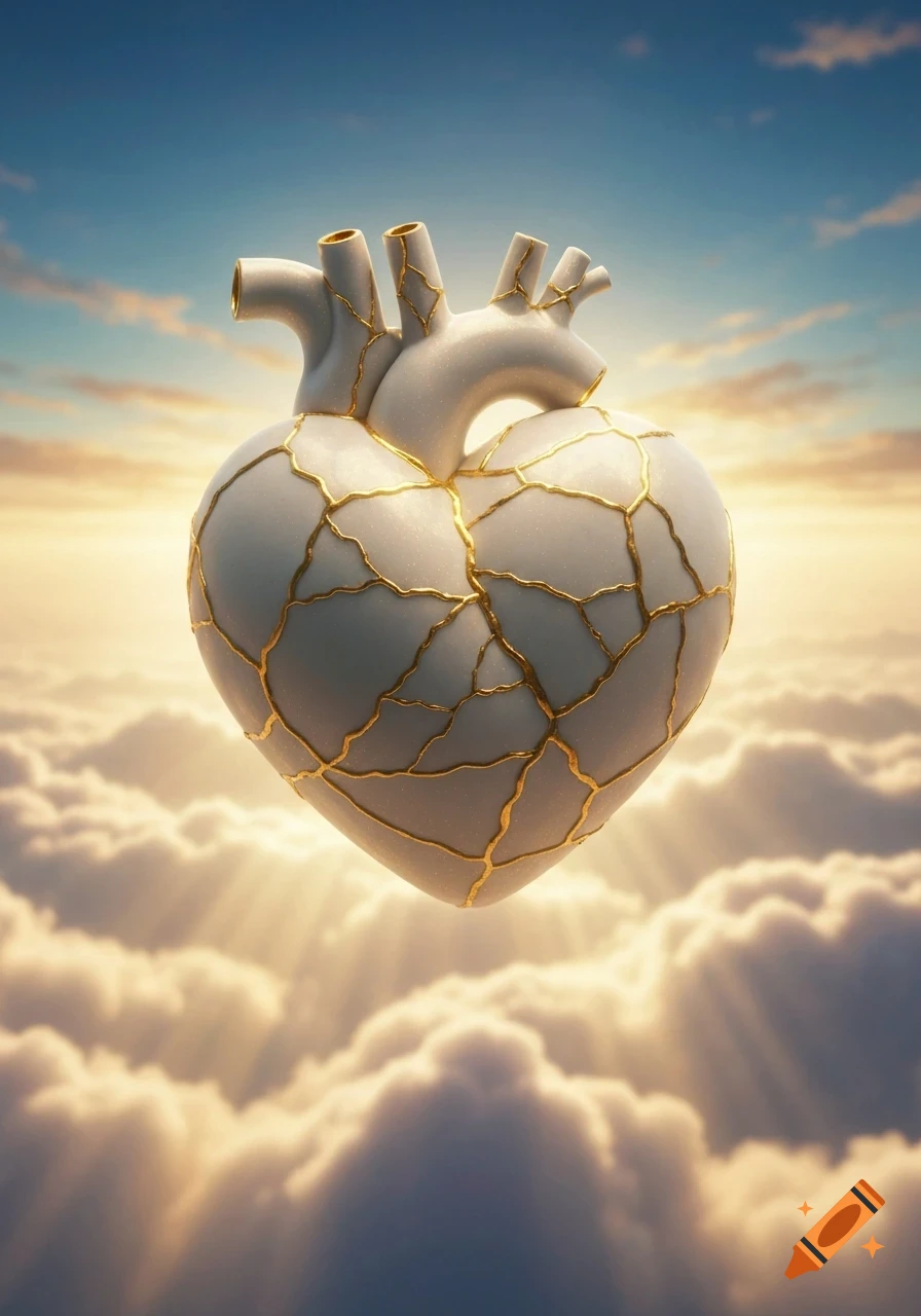 A stylized white anatomical heart with golden kintsugi-style repairs floats above fluffy white clouds under a blue and orange sky.