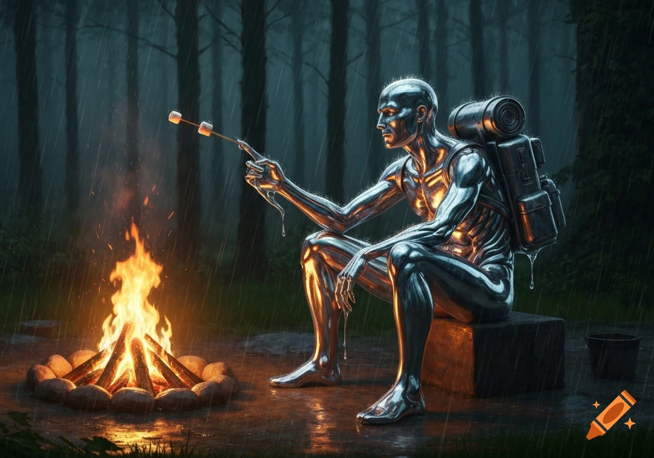 A liquid metal man with a backpack roasts marshmallows over a campfire in a rainy forest, digital art.