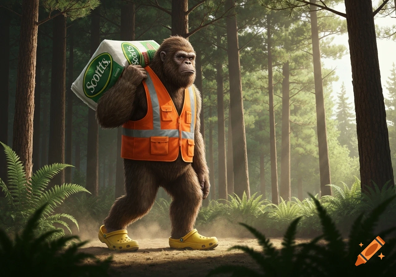 A photorealistic bigfoot in an orange safety vest and yellow Crocs carries a bag of Scotts through a sunlit forest.