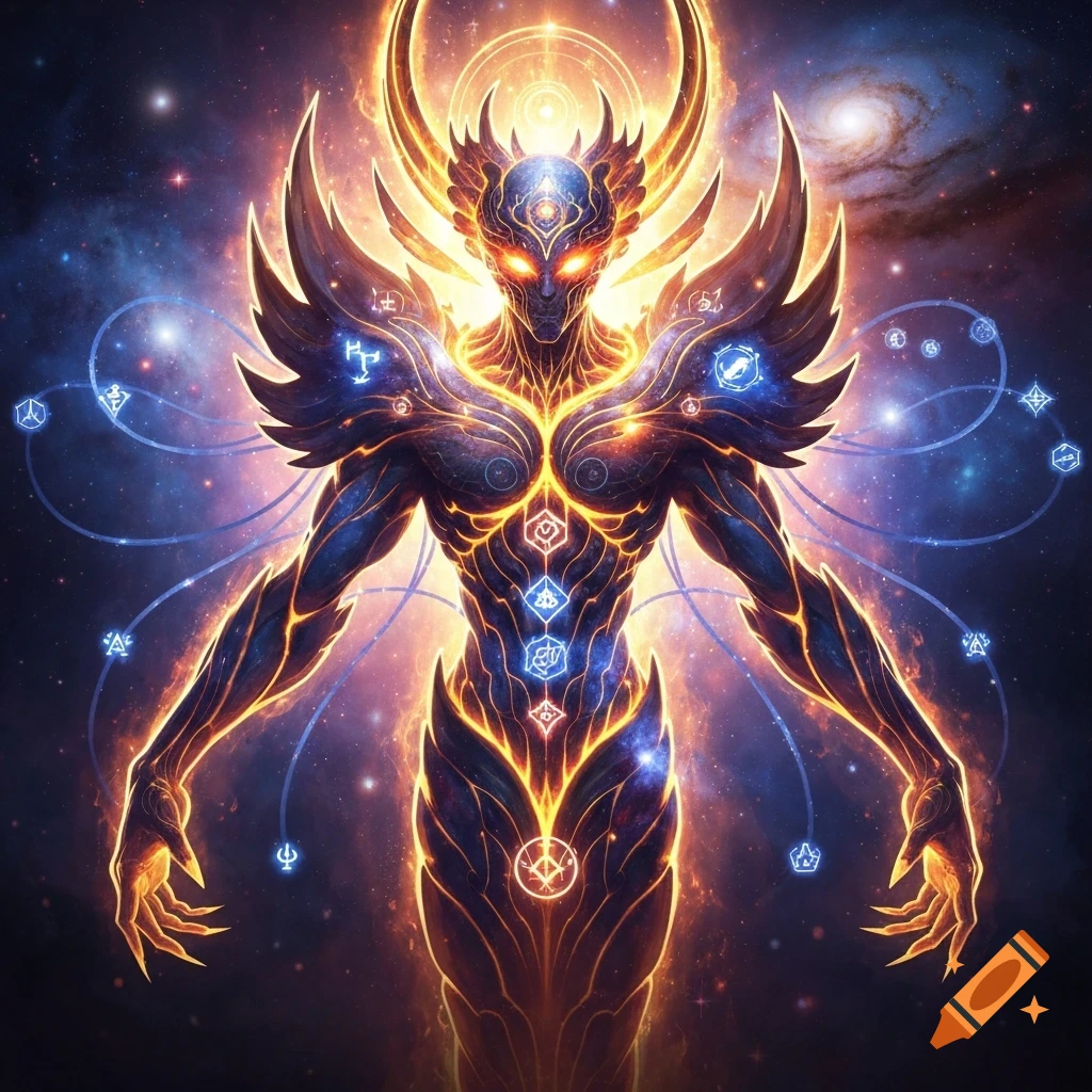 A cosmic, glowing humanoid figure with a horned crown and wing-like shoulders, adorned with blue energy symbols, against a vibrant galaxy background.
