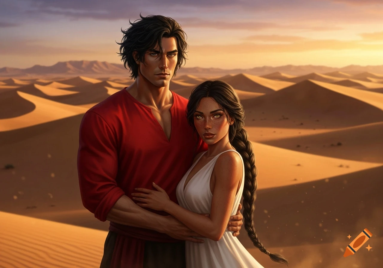 Digital art of a man in a red blouse and a woman in a white dress with a long braid, embracing in a desert at sunset.