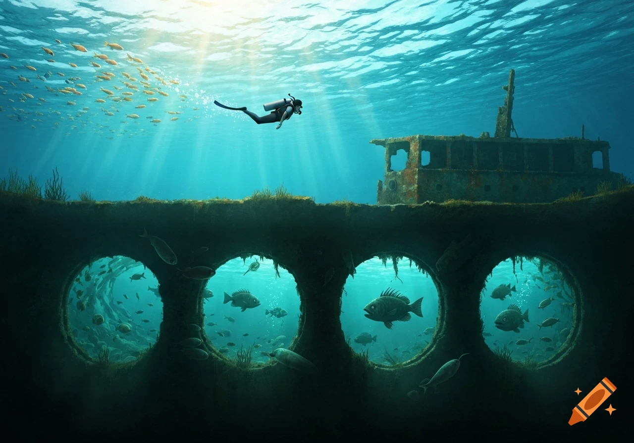 An underwater scene with a diver swimming above a shipwreck, while fish are seen through portholes.