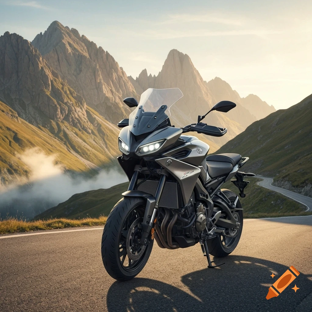 A silver-grey Yamaha Tracer motorcycle parked on a winding mountain road under a clear sky, with dramatic peaks and valleys in the background.