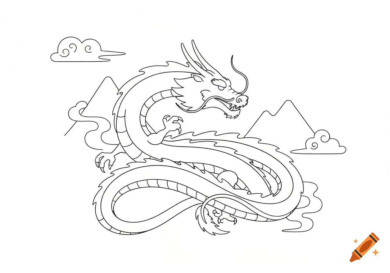 Black and white outline drawing of a traditional Chinese dragon with mountains and clouds in the background.