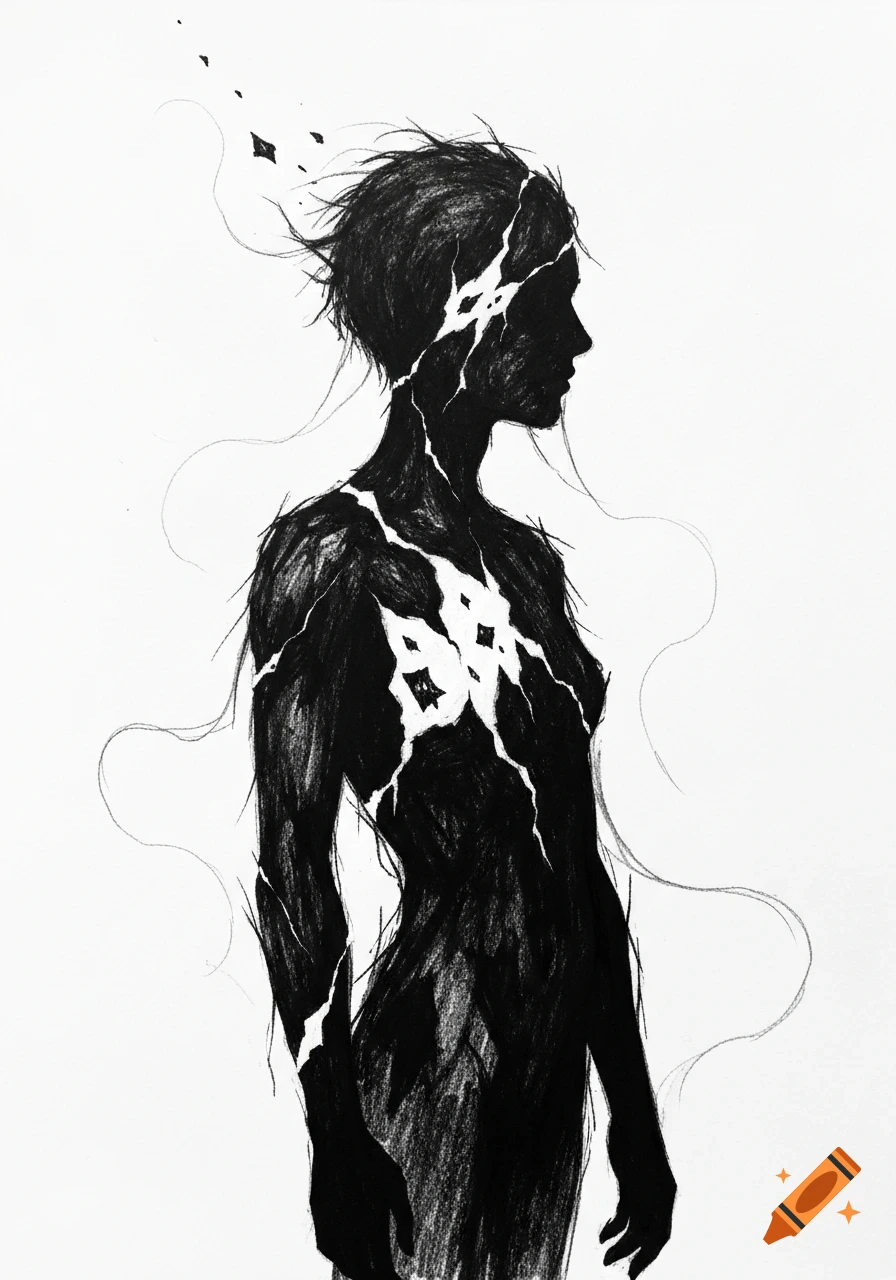 Black and white sketch of a human silhouette fracturing with white cracks and dissolving into geometric shapes, depicting a torn soul.