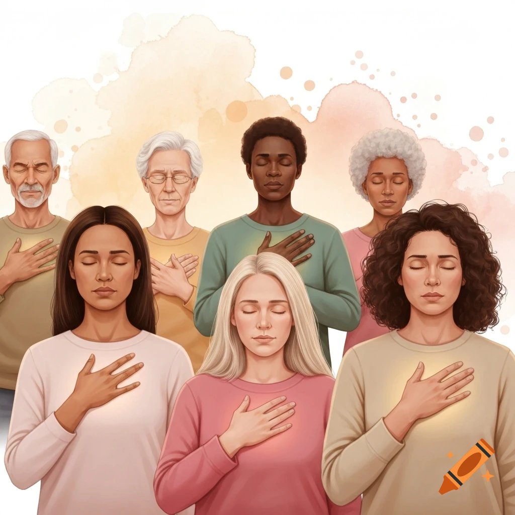 A diverse group of people stand with eyes closed, hands on their chests with a soft glow, against a watercolor background.