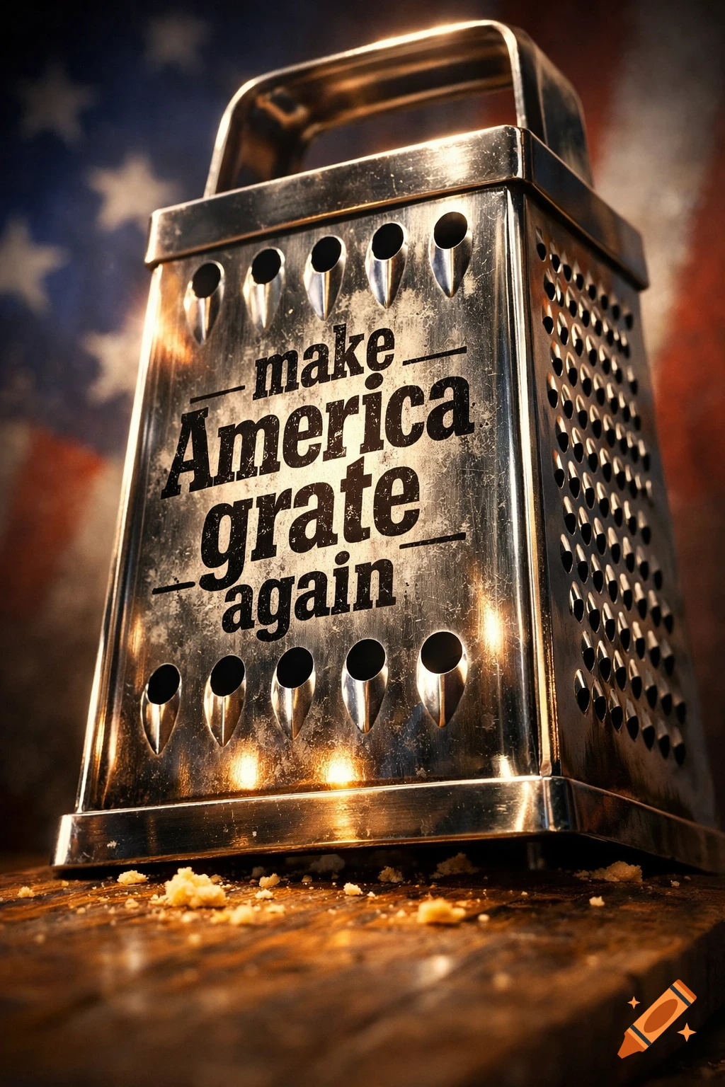 A close-up, low-angle view of a metallic cheese grater engraved with "make America grate again", against a blurred US flag background.