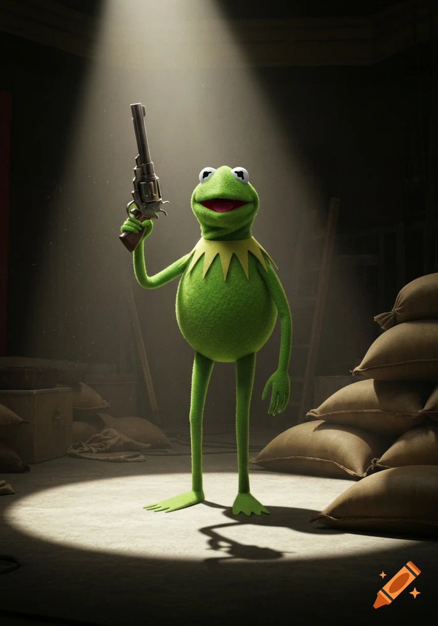 Kermit the Frog stands under a spotlight in a shadowy room, holding a revolver.