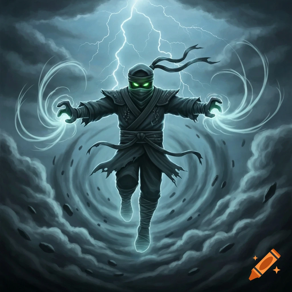 A dark-clothed ninja-like figure with glowing green eyes and hands floats amidst a stormy sky with lightning, surrounded by swirling energy and debris, in a digital art style.