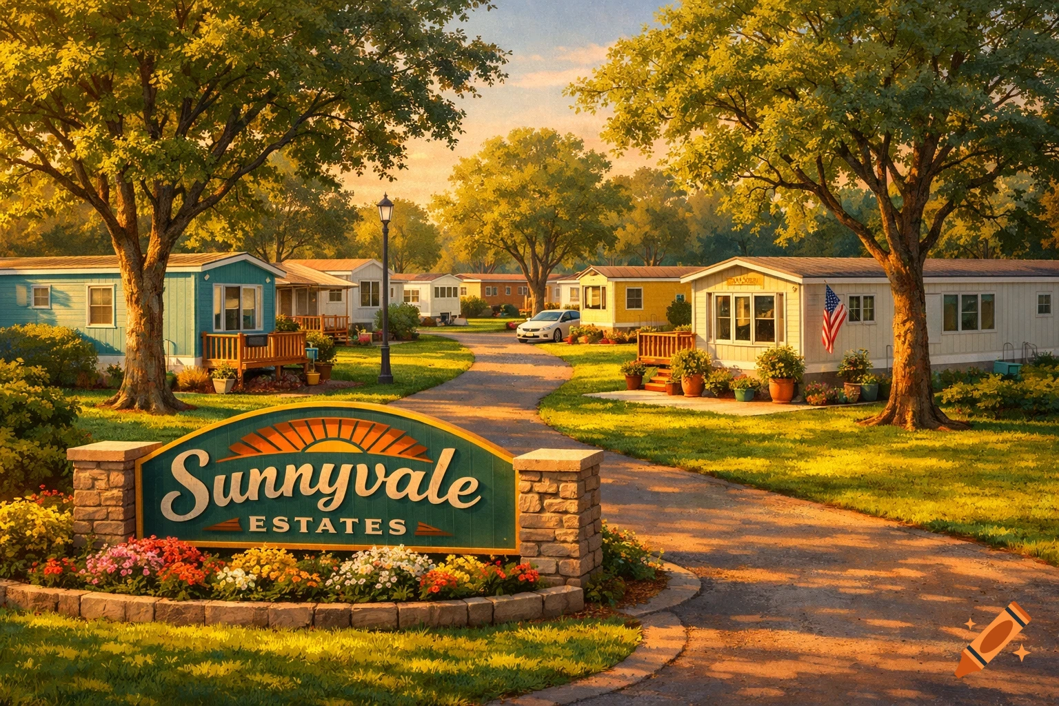 A sunny, photorealistic view of Sunnyvale Estates mobile home park with a prominent sign, green trees, and colorful flowers.