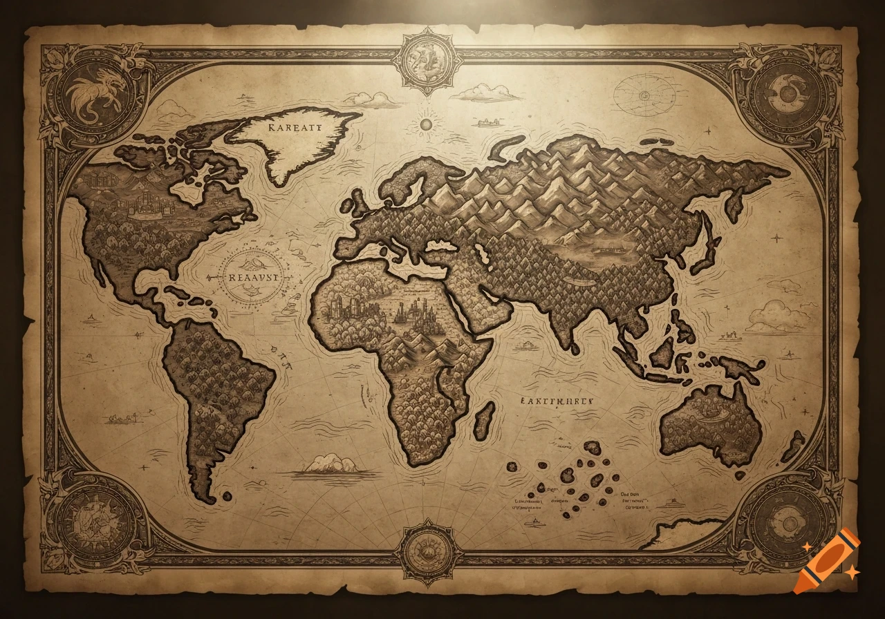 A vintage-style fantasy world map features continents with mountains, forests, and detailed borders, labeled with fictional names.