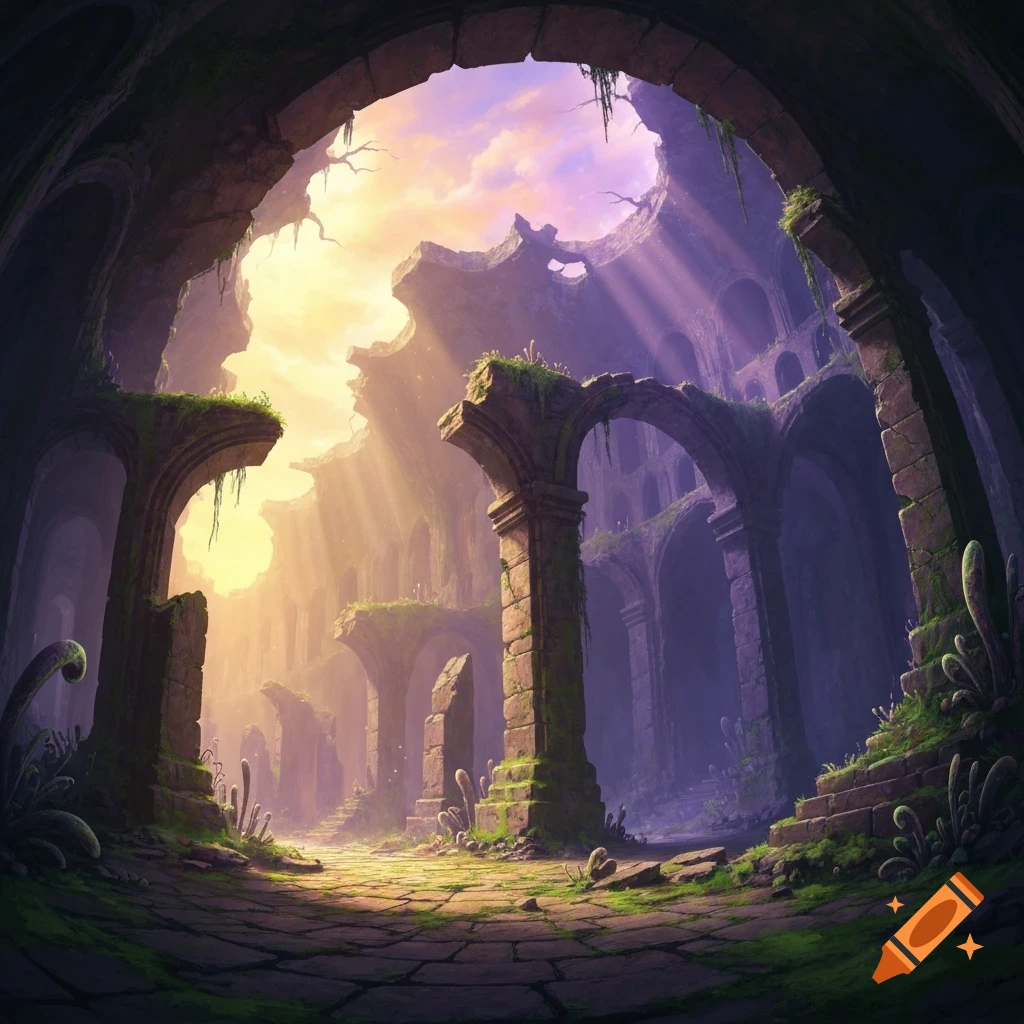 Sunlit ancient ruins with towering arches and columns, overgrown with moss, creating a mystical fantasy landscape.