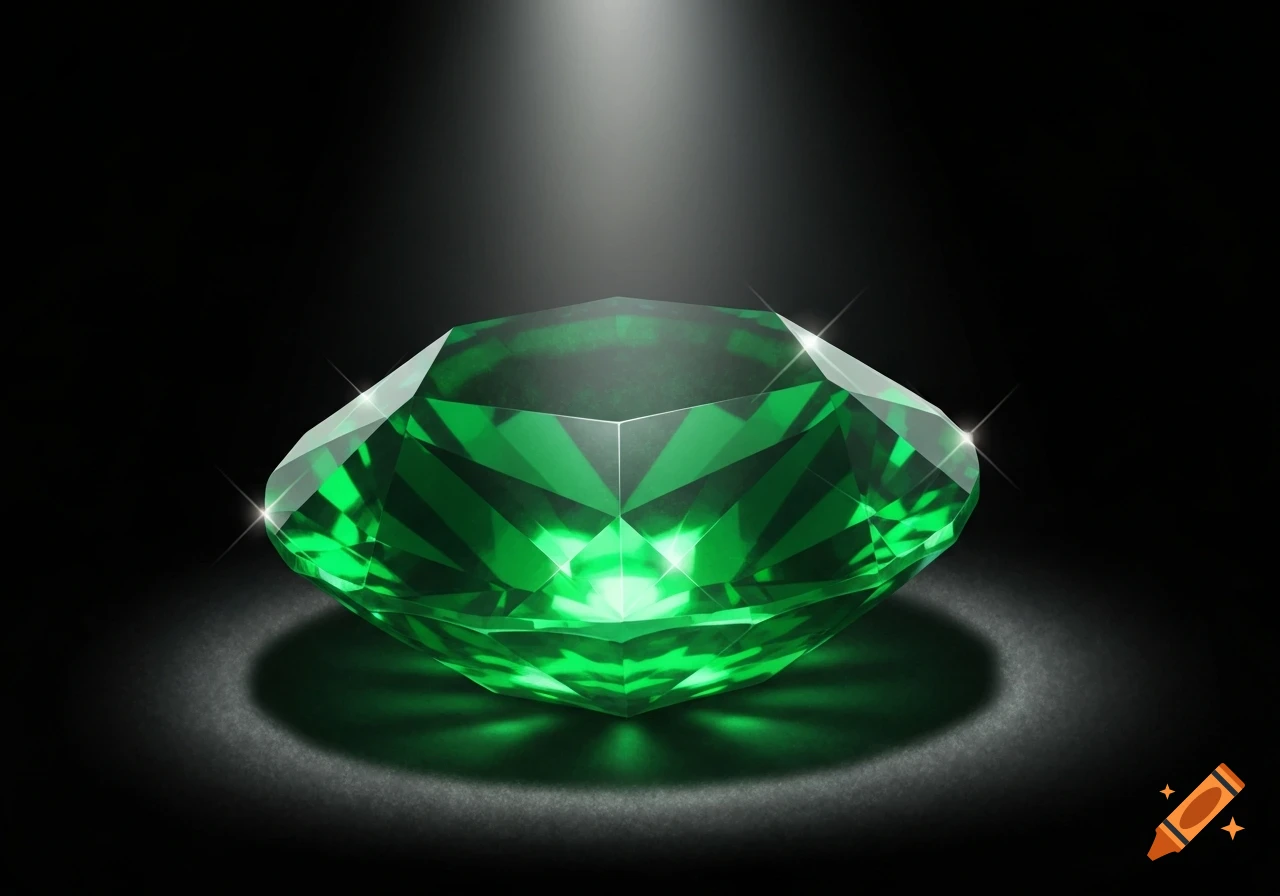 A sparkling green faceted gem, like an emerald, sits on a dark surface, illuminated by a spotlight.
