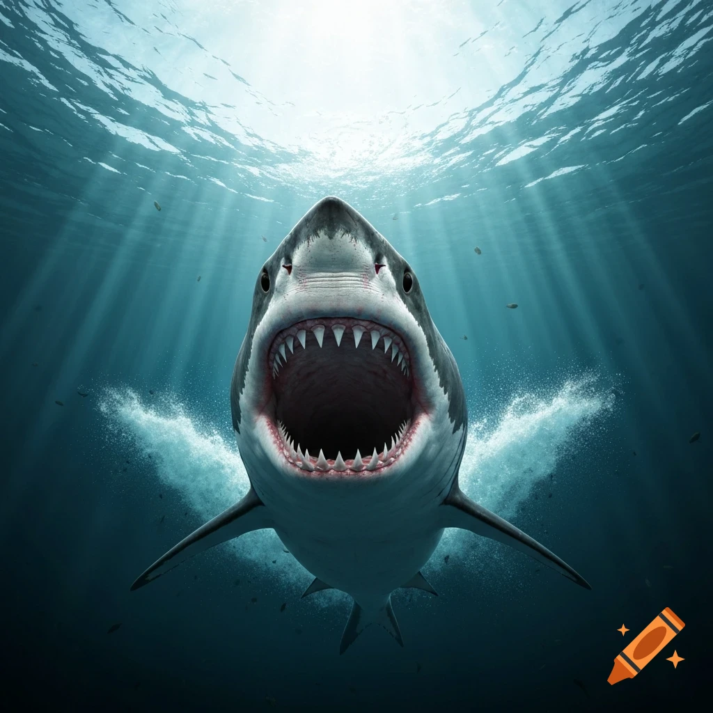 A photorealistic great white shark with its mouth wide open, swimming directly towards the viewer from below, with sun rays piercing the dark blue water from above.