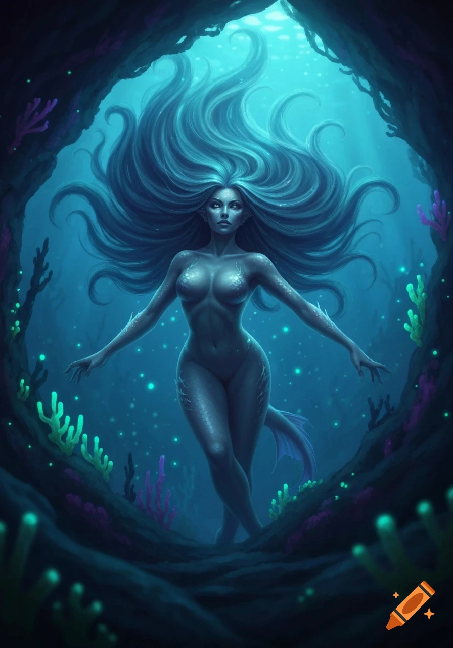 An ethereal blue-skinned mermaid with long flowing hair and a subtle tail fin swims through a dark underwater cave lit by glowing coral.