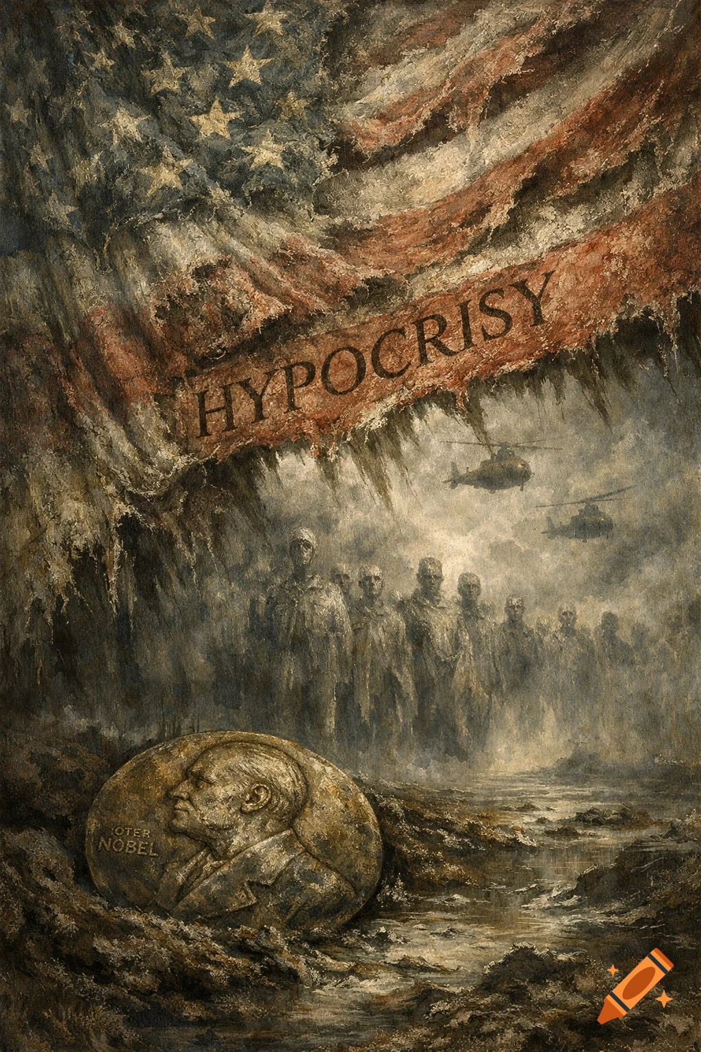 Symbolist painting of a tattered American flag with "HYPOCRISY" across it, above ghostly soldiers and helicopters, and a tarnished Nobel medal in the mud.