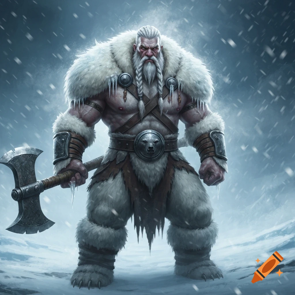 A muscular Goliath barbarian with a white beard and braids, wearing a polar bear pelt and holding a great axe, stands in a snowy storm.