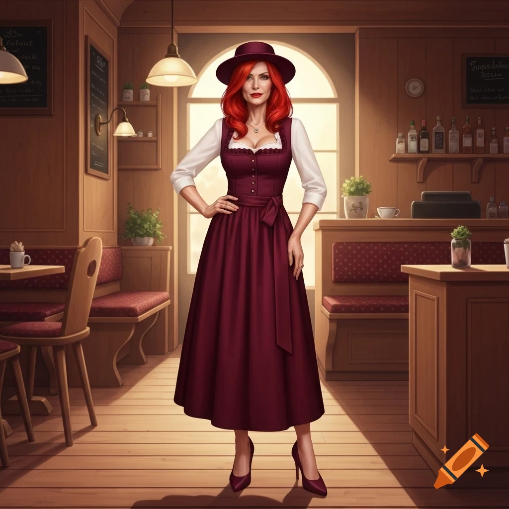 A red-haired woman in a burgundy dirndl and hat stands in a rustic coffee shop.