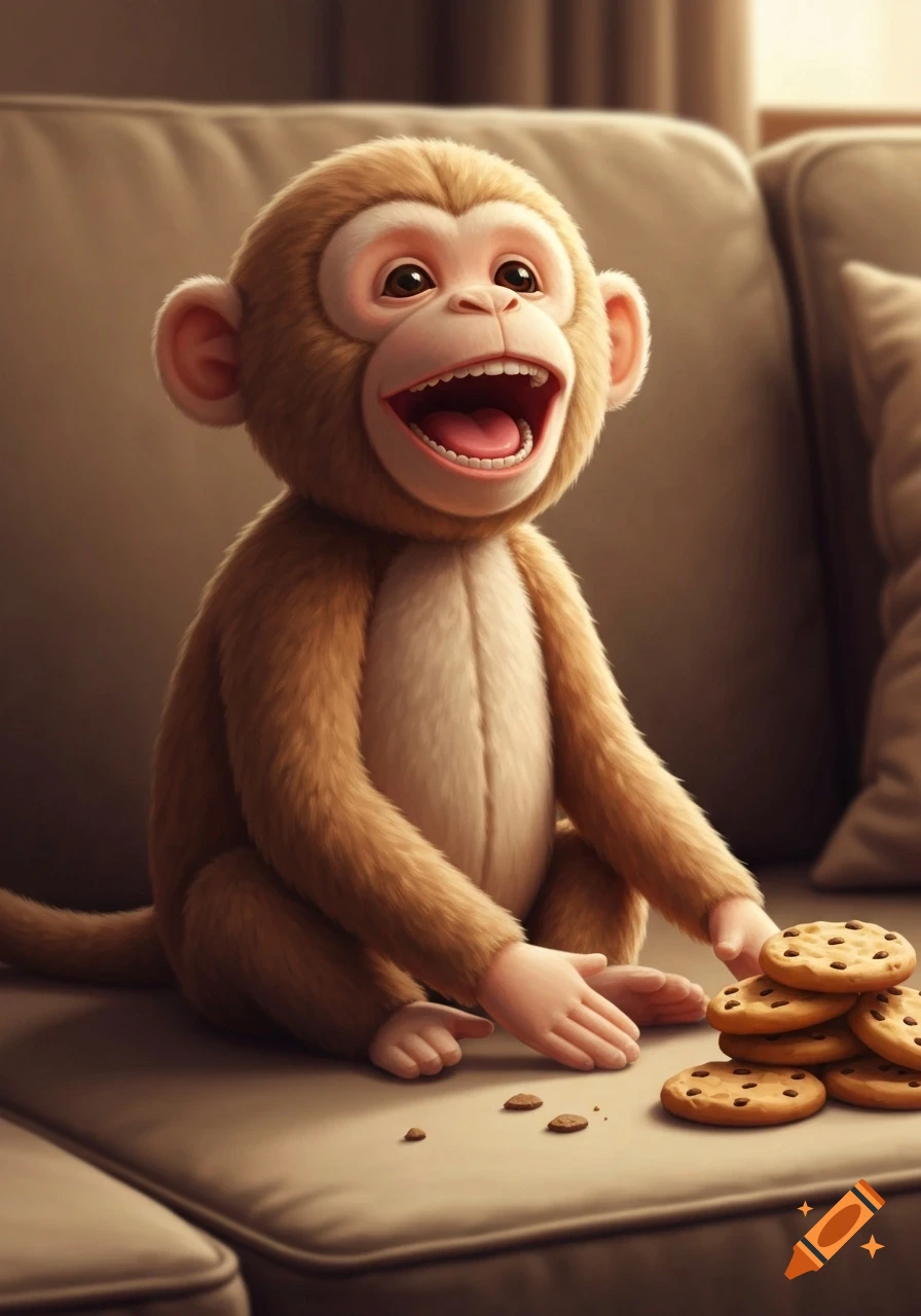 A happy, light brown plush monkey laughs heartily while sitting on a brown sofa next to a stack of chocolate chip cookies.