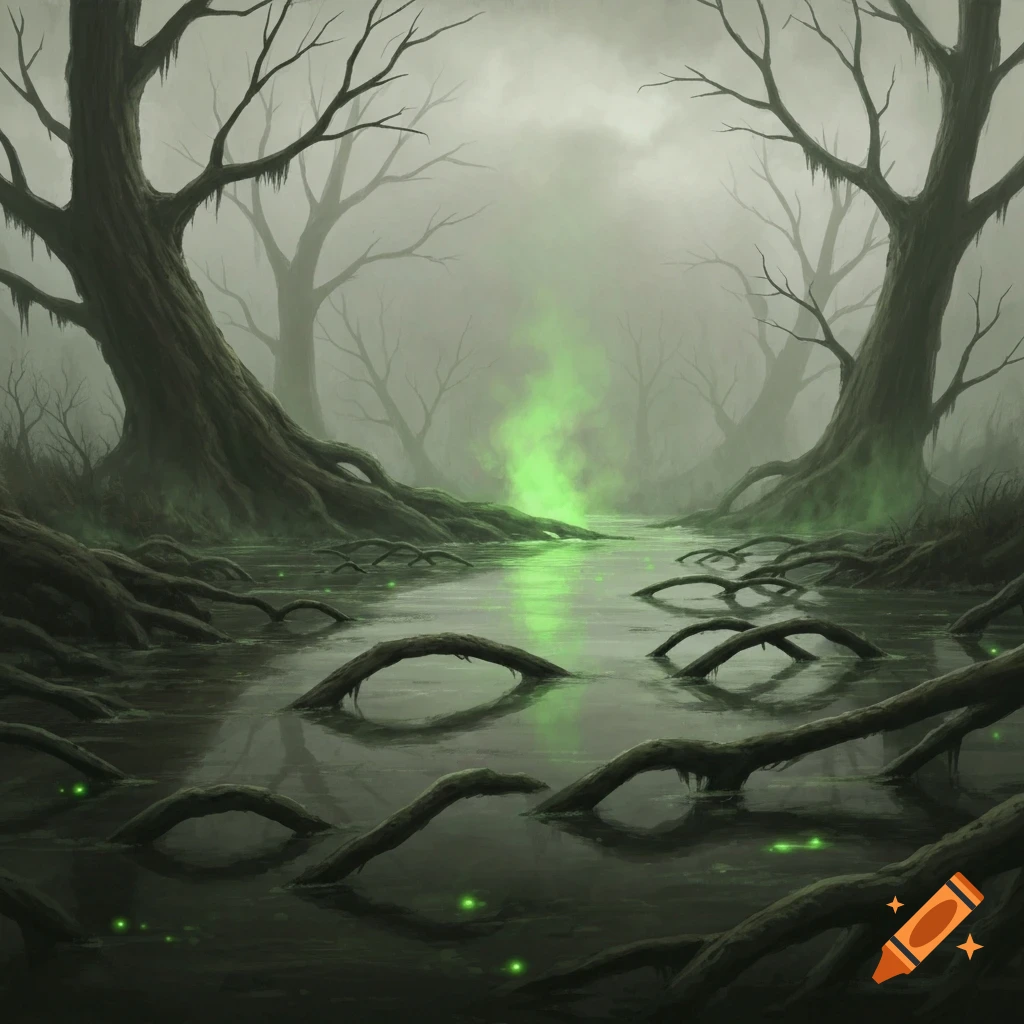 A misty, dark swamp landscape with gnarled trees, exposed roots, and glowing green mist over the water.