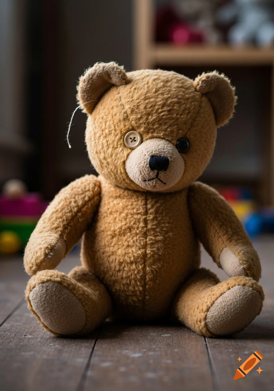 A worn brown teddy bear with one button eye and one dark bead eye sits on a wooden floor, blurred background.