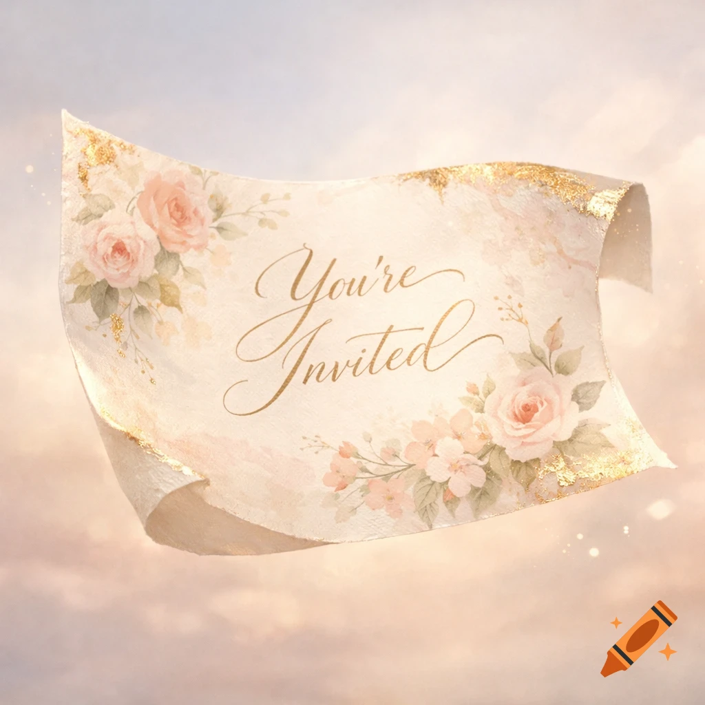 Watercolor invitation card with pink roses and gold glitter, reading 'You're Invited', floating against a soft sky background.