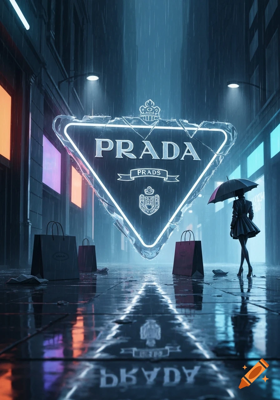 A futuristic, rainy cityscape at night with a large glowing Prada logo, a person holding an umbrella, and shopping bags.