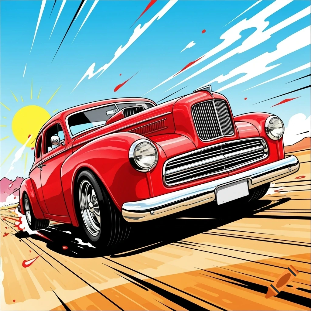 Red vintage hot rod car speeding on a desert road under a bright blue sky in a pop art style.
