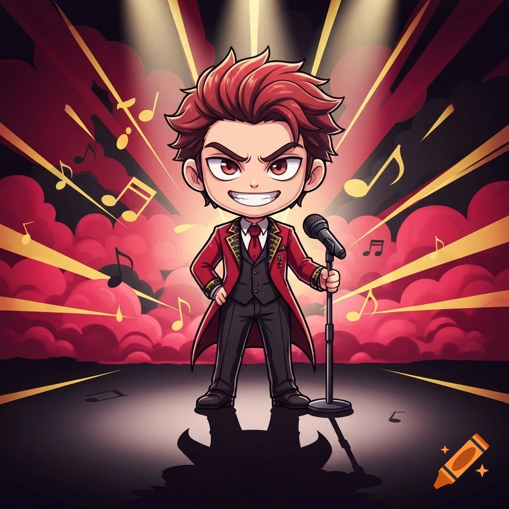 A grinning chibi Alastor from Hazbin Hotel stands on a stage with a microphone, wearing a red coat and black suit. Yellow musical notes and light rays burst from behind him against a red and black background.