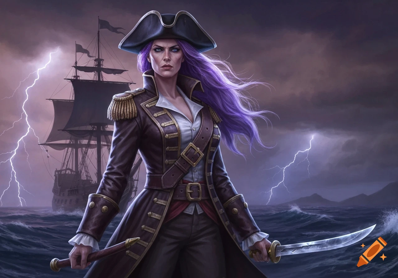 A fantasy illustration of a purple-haired pirate captain with an intimidating expression, holding a sword on a stormy sea with a ship and lightning in the background.