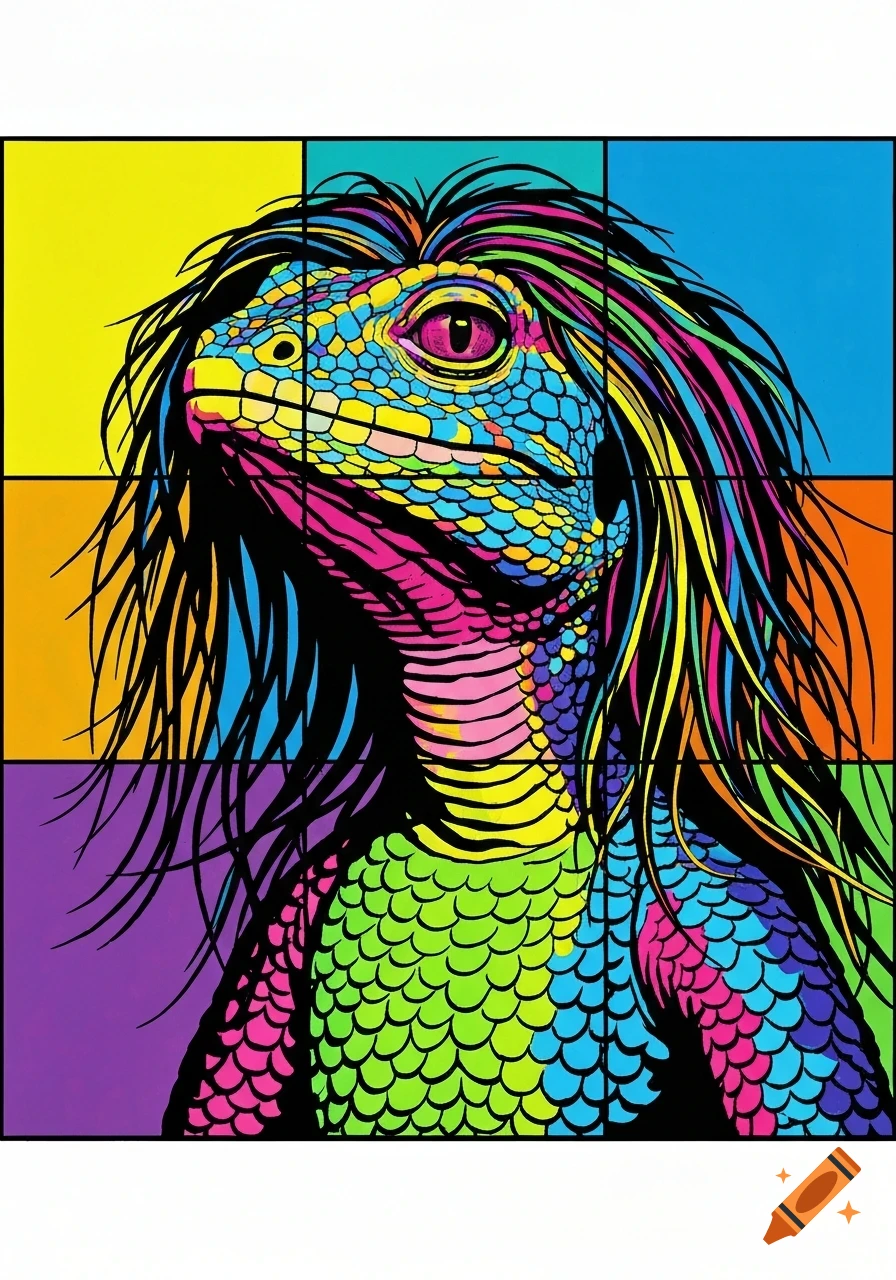 A vibrant pop art illustration of a lizard with long, flowing, multi-colored hair against a background of colored blocks.