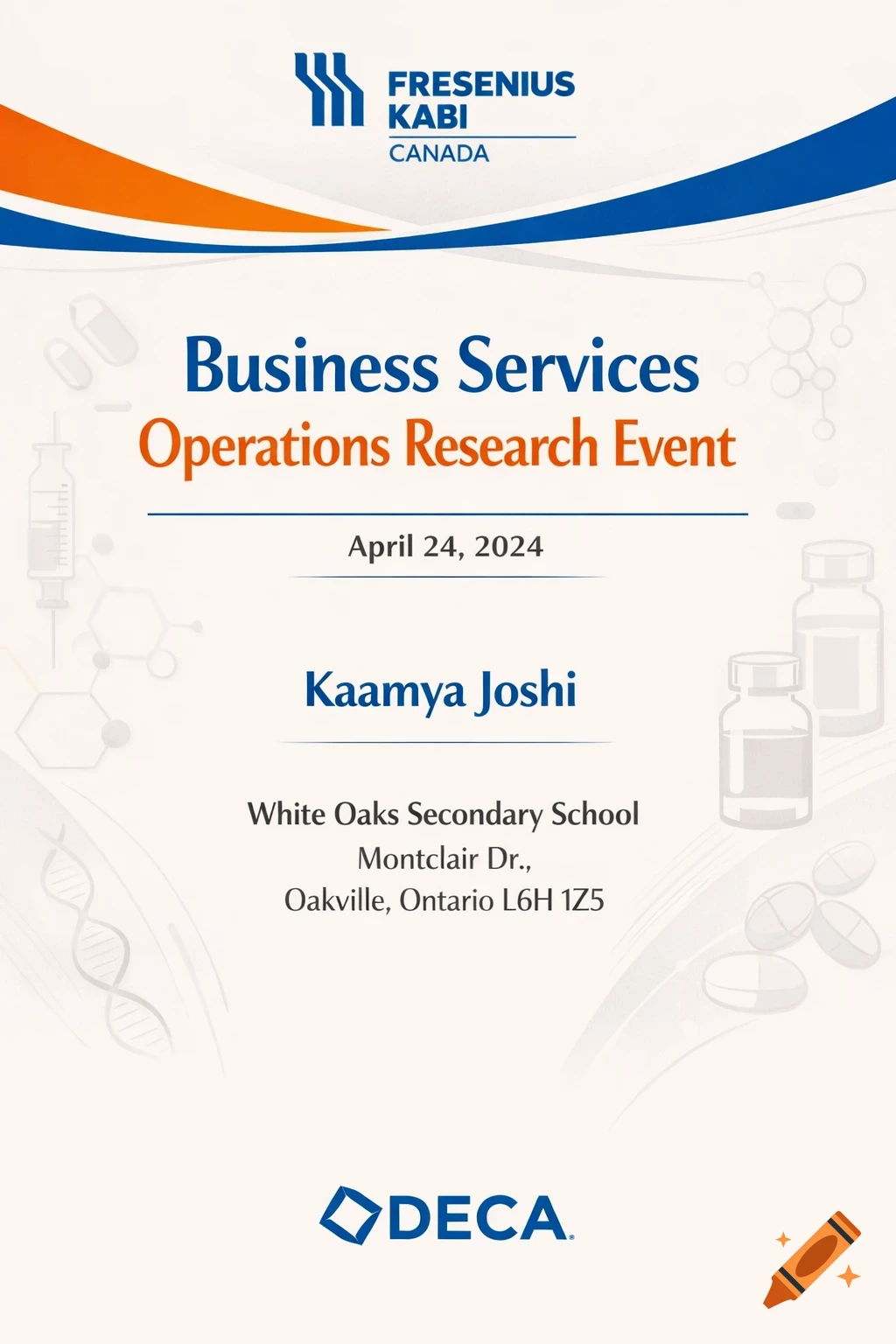 DECA report title page for Fresenius Kabi Canada's Business Services Operations Research Event by Kaamya Joshi.