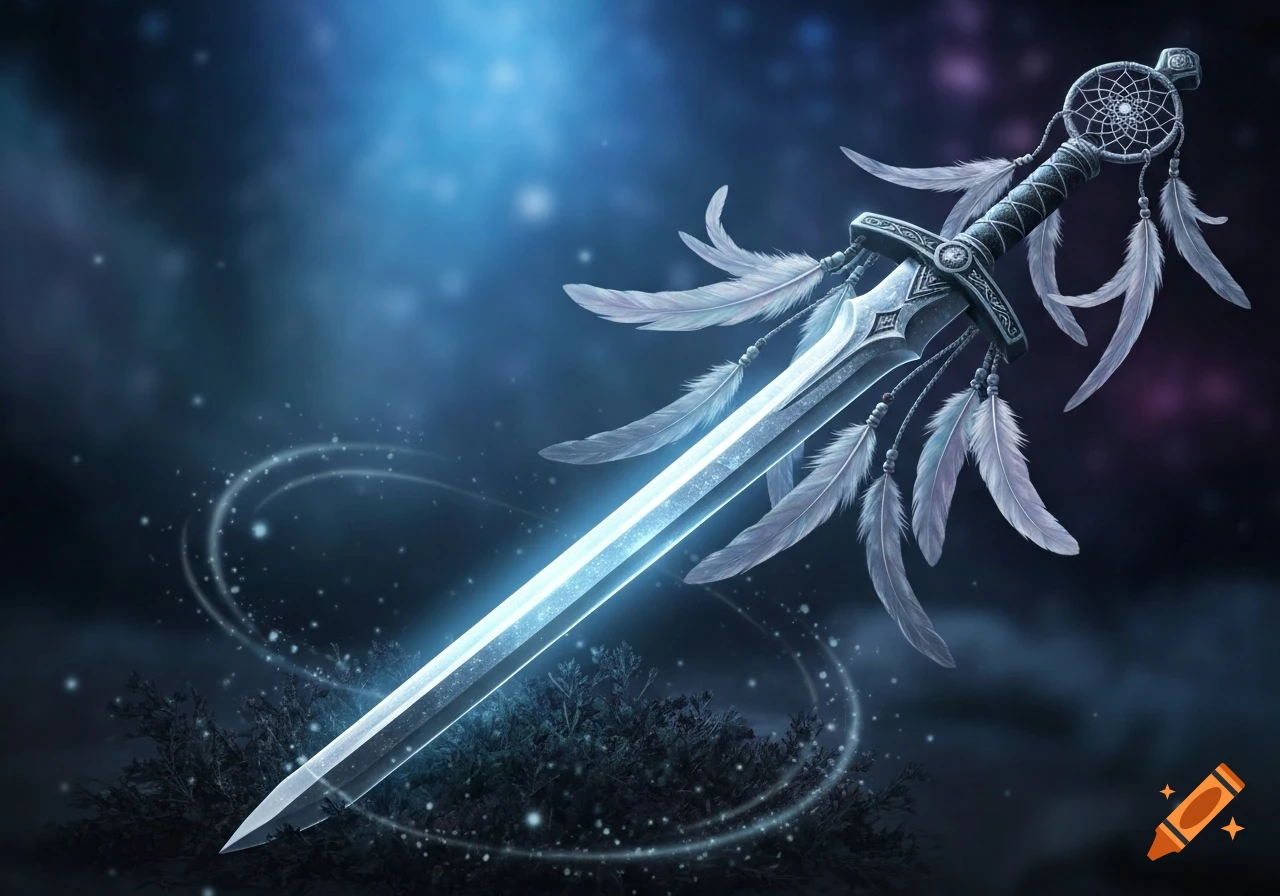 A glowing fantasy sword adorned with feathers and a dreamcatcher pommel, set against a dark, mystical blue background with light trails.