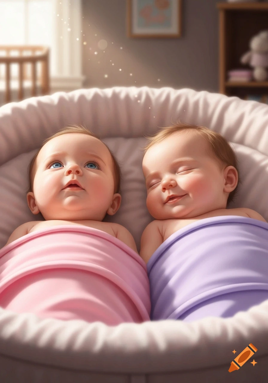 Two adorable twin baby girls wrapped in pink and purple blankets, one sleeping and one looking up, in a soft-lit bassinet.