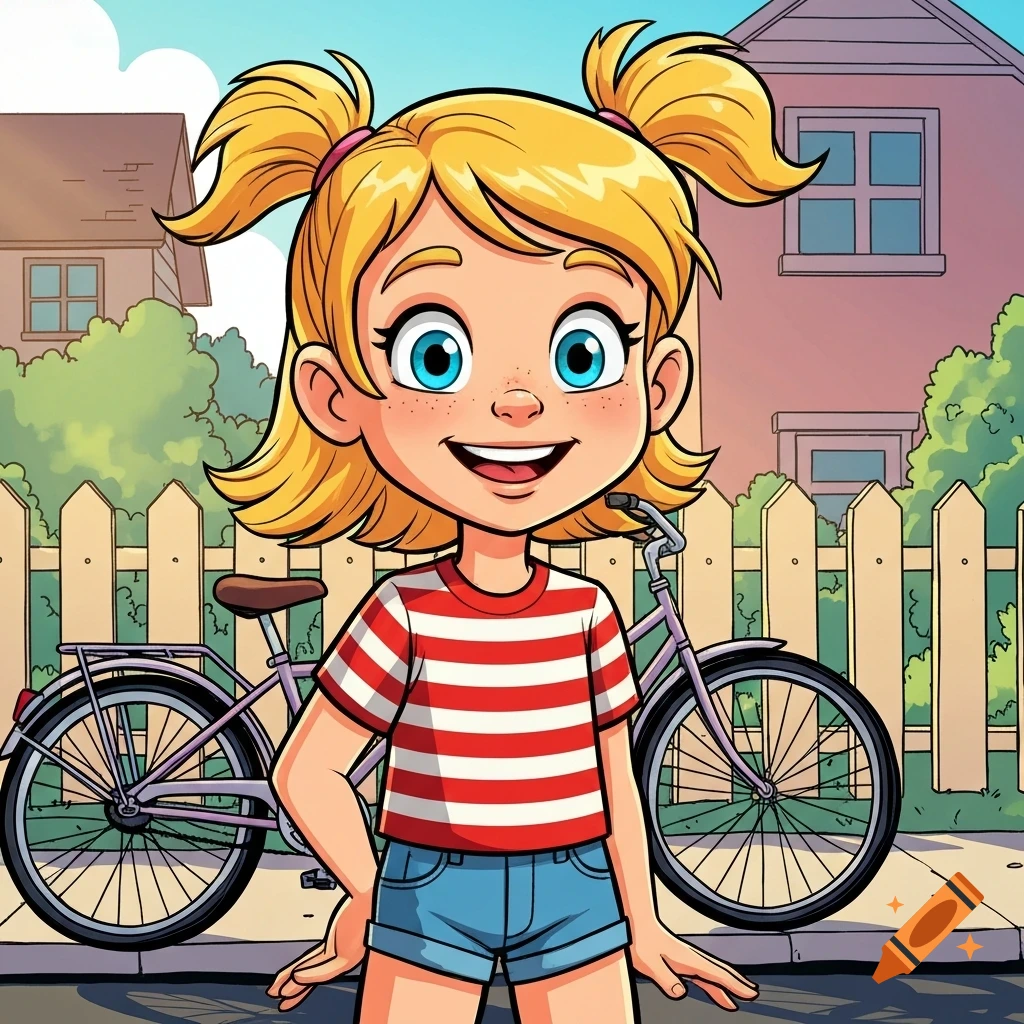 Smiling blonde cartoon girl with pigtails in a striped shirt and shorts stands in front of a white fence and a bicycle.